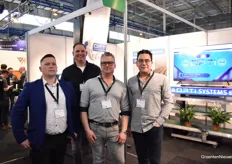 From left to right Wojciech Grabowski, Hendrik Jan van den Ende and Rick van der Tang of OptiSystems and Marcel de Visser of DV Automation. OptiSystems and DV Automation are working together to implement Plant Vision Systems at growers to "accurately sort with the Vision System." OptiSystems were at the fair focusing on the new partnership and the new 80-meter belt.